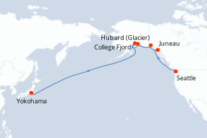 Carte de l'itinéraire de croisière Seattle-Yokohama d'une durée de 15 jours