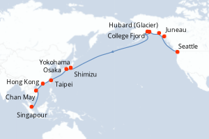 Carte de l'itinéraire de croisière Seattle-Singapour d'une durée de 27 jours