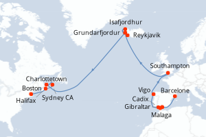 carte itinéraire croisière Transatlantique 23 jours au départ du port de Barcelone