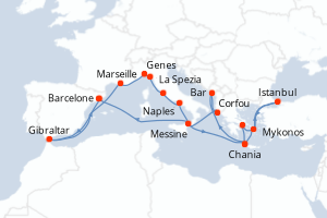 carte itinéraire croisière Sicile 21 jours au départ du port de Barcelone