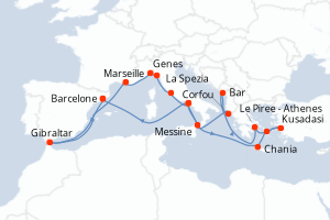 Carte de l'itinéraire de croisière Barcelone-Barcelone d'une durée de 21 jours