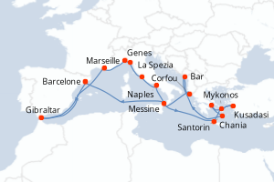 carte itinéraire croisière Sicile 21 jours au départ du port de Barcelone