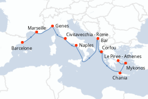 Carte itinéraire croisière Espagne, France, Italie, Monténégro, Grèce - 11 jours au départ de Barcelone - Méditerranée
