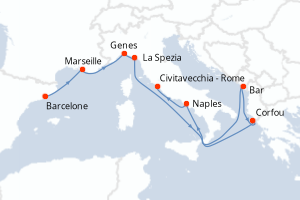 carte itinéraire croisière Méditerranée 10 jours au départ du port de Barcelone