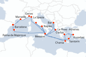 carte itinéraire croisière Sicile 21 jours au départ du port de Barcelone