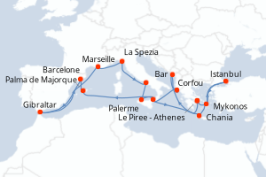 carte itinéraire croisière Sicile 21 jours au départ du port de Le Piree - Athenes