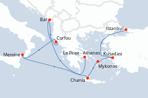 carte itinéraire croisière Sicile 10 jours au départ du port de Le Piree - Athenes