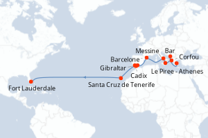 carte itinéraire croisière Transatlantique 22 jours au départ du port de Le Piree - Athenes