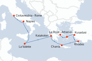 carte itinéraire croisière Méditerranée 10 jours au départ du port de Le Piree - Athenes