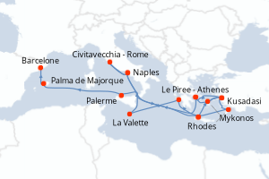 carte itinéraire croisière Sicile 20 jours au départ du port de Le Piree - Athenes