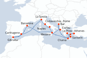 carte itinéraire croisière Sicile 21 jours au départ du port de Le Piree - Athenes