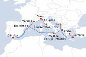 carte itinéraire croisière Sicile 14 jours au départ du port de Le Piree - Athenes
