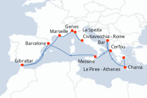 carte itinéraire croisière Sicile 14 jours au départ du port de Le Piree - Athenes