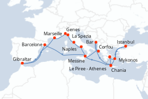 carte itinéraire croisière Sicile 21 jours au départ du port de Le Piree - Athenes