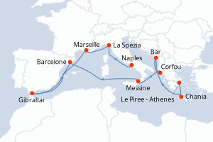 carte itinéraire croisière Sicile 14 jours au départ du port de Le Piree - Athenes