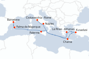 carte itinéraire croisière Sicile 10 jours au départ du port de Civitavecchia - Rome