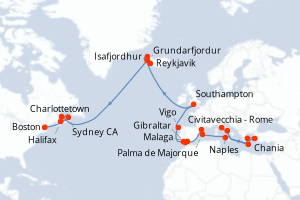 carte itinéraire croisière Transatlantique 33 jours au départ du port de Civitavecchia - Rome
