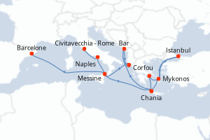 carte itinéraire croisière Sicile 14 jours au départ du port de Civitavecchia - Rome