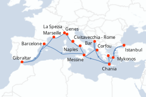 carte itinéraire croisière Sicile 21 jours au départ du port de Civitavecchia - Rome