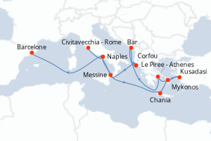 Carte de l'itinéraire de croisière Civitavecchia - Rome-Barcelone d'une durée de 14 jours