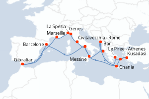 Carte de l'itinéraire de croisière Civitavecchia - Rome-Civitavecchia - Rome d'une durée de 21 jours