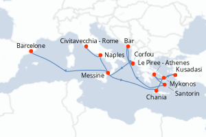 carte itinéraire croisière Sicile 14 jours au départ du port de Civitavecchia - Rome