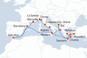 carte itinéraire croisière Sicile 21 jours au départ du port de Civitavecchia - Rome