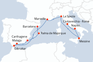 carte itinéraire croisière Sicile 11 jours au départ du port de Civitavecchia - Rome