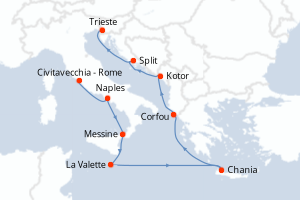 carte itinéraire croisière Sicile 10 jours au départ du port de Civitavecchia - Rome