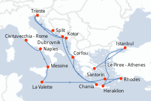 carte itinéraire croisière Sicile 20 jours au départ du port de Civitavecchia - Rome