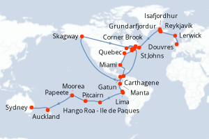 carte itinéraire croisière Australie Nouvelle Zélande 60 jours au départ du port de Douvres