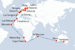 Carte itinéraire croisière Australie, Maurice, Afrique du Sud, Namibie, Cap-Vert, Maroc, Espagne, France, Belgique, Pologne, Finlande, Estonie, Suède, Danemark, Pays-Bas, Royaume-Uni - 51 jours au départ de Adelaide - Europe du Nord