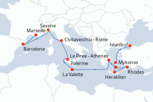 carte itinéraire croisière Sicile 12 jours au départ du port de Istanbul