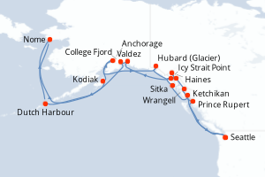 carte itinéraire croisière Alaska 28 jours au départ du port de Seattle