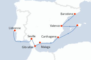 carte itinéraire croisière Atlantique 10 jours au départ du port de Barcelone