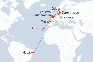 Carte de l'itinéraire de croisière Maceio-Hambourg d'une durée de 19 jours