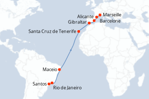 carte itinéraire croisière Transatlantique 16 jours au départ du port de Santos