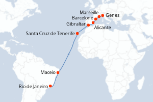 carte itinéraire croisière Transatlantique 16 jours au départ du port de Rio de Janeiro