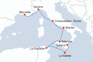 carte itinéraire croisière Sicile 7 jours au départ du port de Marseille