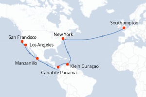Carte de l'itinéraire de croisière Southampton-San Francisco d'une durée de 26 jours