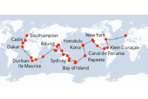 carte itinéraire croisière Europe du Nord 108 jours au départ du port de Southampton