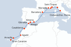 carte itinéraire croisière Méditerranée 14 jours au départ du port de Gran Canarias