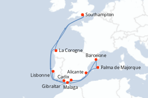 Carte de l'itinéraire de croisière Southampton-Southampton d'une durée de 14 jours