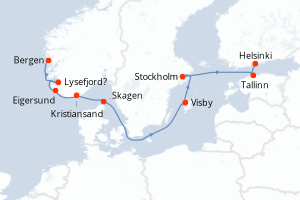 Carte de l'itinéraire de croisière Bergen-Helsinki d'une durée de 10 jours