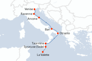 Carte de l'itinéraire de croisière La Valette-Venise d'une durée de 8 jours