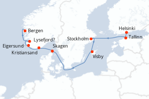 Carte de l'itinéraire de croisière Helsinki-Bergen d'une durée de 10 jours