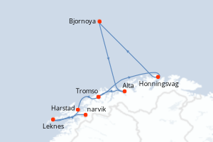 Carte itinéraire croisière Lumière polaire, du cap Nord aux îles Lofoten - 8 jours au départ de Tromso - Europe du Nord