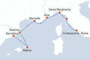 carte itinéraire croisière Méditerranée 8 jours au départ du port de Civitavecchia - Rome