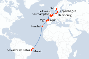 carte itinéraire croisière Transatlantique 20 jours au départ du port de Salvador de Bahia