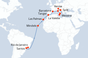 carte itinéraire croisière Sicile 22 jours au départ du port de Rio de Janeiro